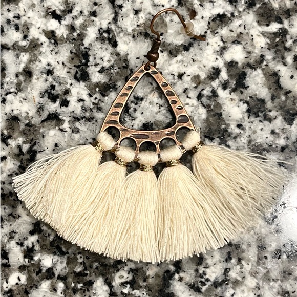 Bohemian Bronze Fan Shaped Cream Tassel Drop Earrings - Picture 5 of 5